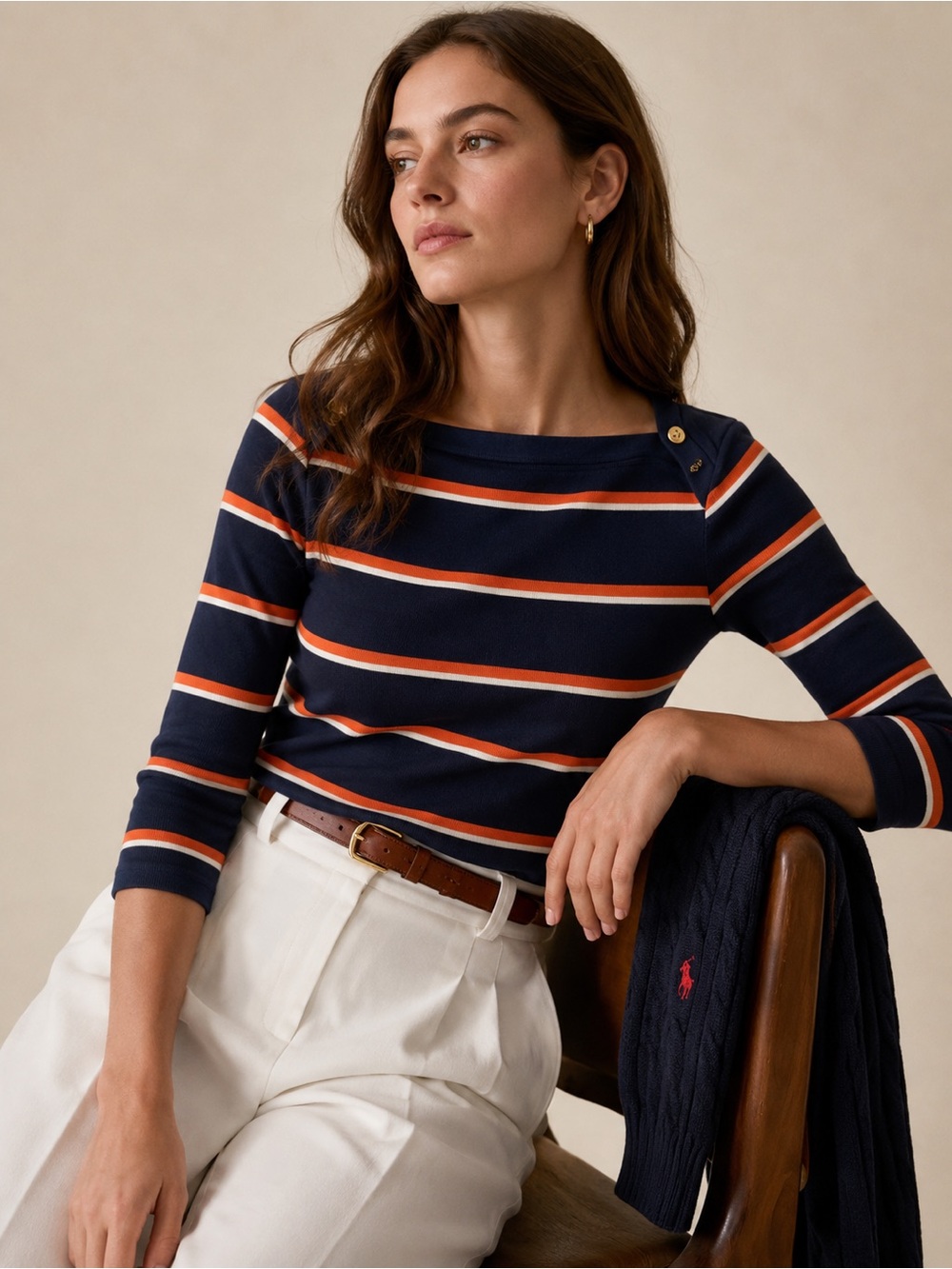 Lauren Ralph Lauren Navy Striped 3/4 Sleeve Ribbed Tee with Orange & White